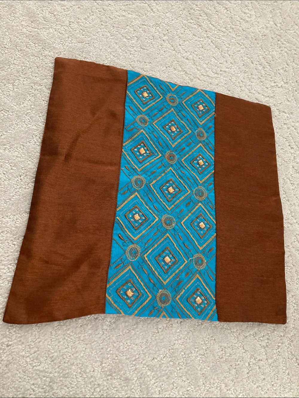 Brown Pillow Covers with Turquoise Embroidered Center